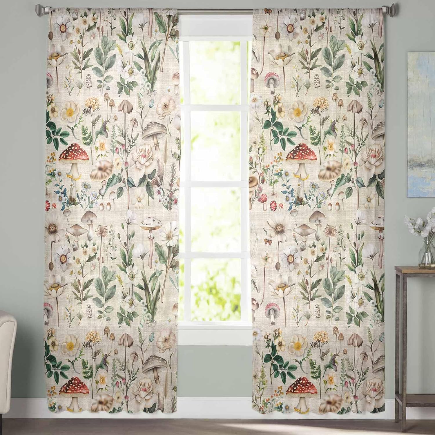 Pastoral Botanical Sheer Curtains 72 Inches Length 2 Panels Set Bedroom Curtain Drapes, Vintage Mushroom Spring Summer Flowers Semi Curtain Sheers for Living Room/Cafe Voile Window Treatment