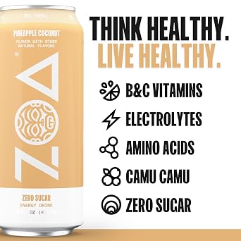 ZOA Zero Sugar Energy Drinks - Pineapple Coconut | Healthy Energy Formula with Natural Caffeine, Daily Vitamin C, Essential B-Vitamins | Gluten-Free, Keto Friendly | 16 Ounce Cans (Pack Of 12)
