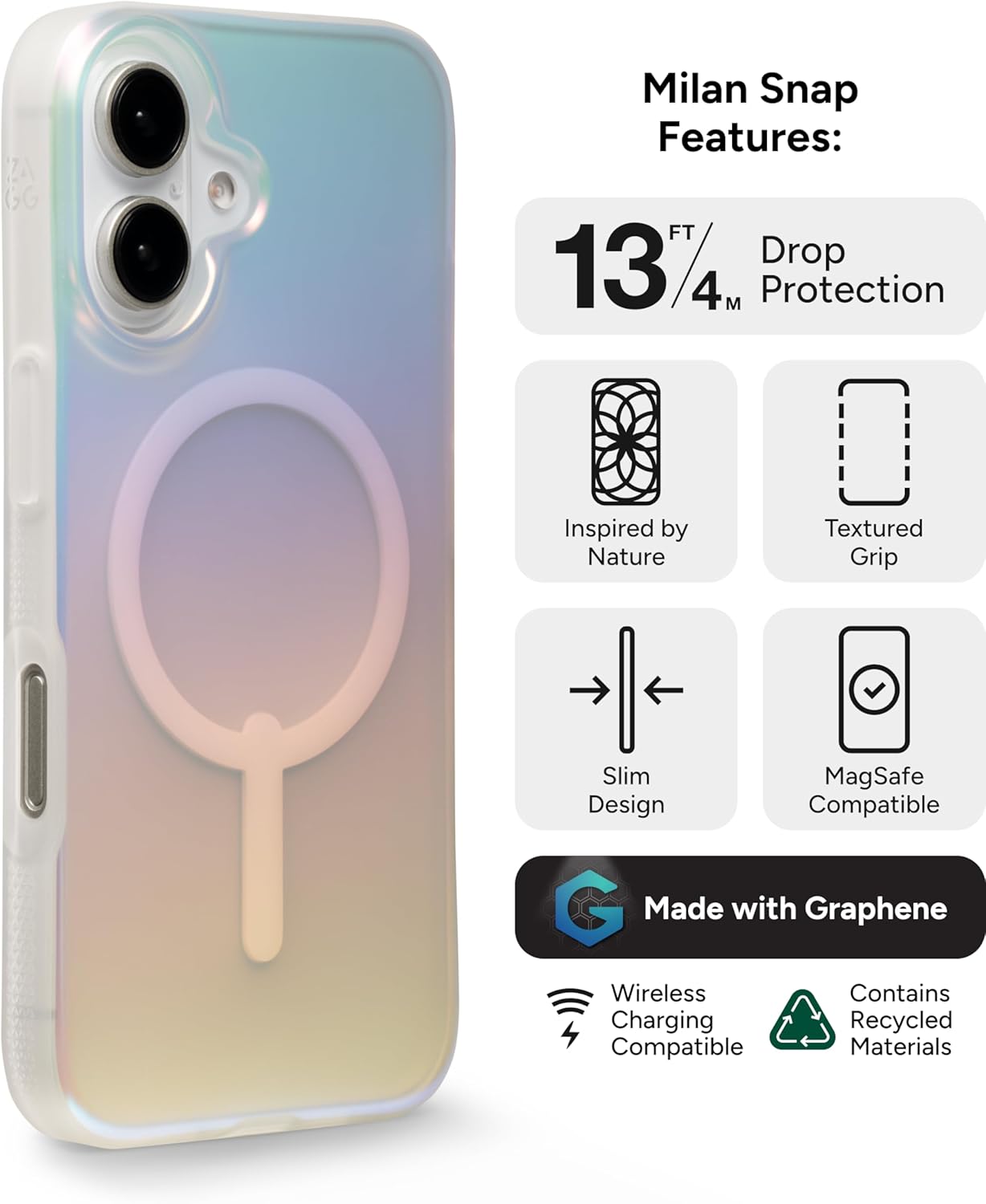 ZAGG Milan Snap Case for iPhone 16 - Color Changing Finish, MagSafe & Wireless Charging Compatible, 13ft Drop Protection, Graphene Reinforced, Eco-Friendly,Matte Iridescent - Image 3