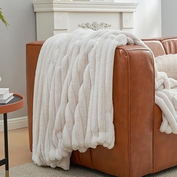 Amelie Home Faux Fur Throw Blanket for Couch, Cozy Fuzzy Fluffy Fur Luxurious Soft Striped Plush Gift Blankets for Family Sofa Chair Bedroom, 55x70, Ivory