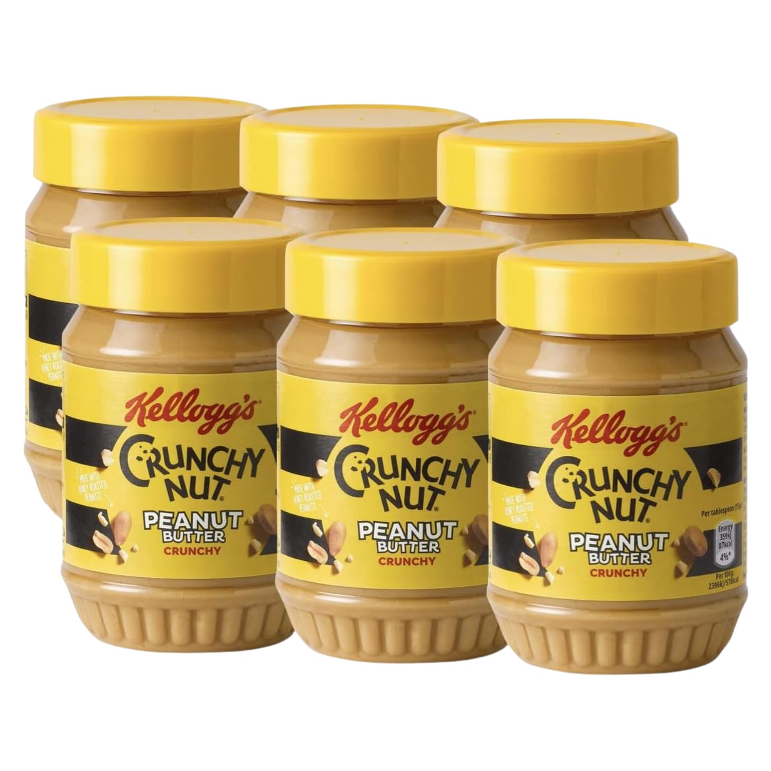 Kellogg's Crunchy Nut Peanut Butter, 6 x 340g, Spreadable Nut Butter with Crunchy Sweet Honey Roasted Peanuts, Smooth Meets Crunchy - Perfect for Toast, Bagels, and More