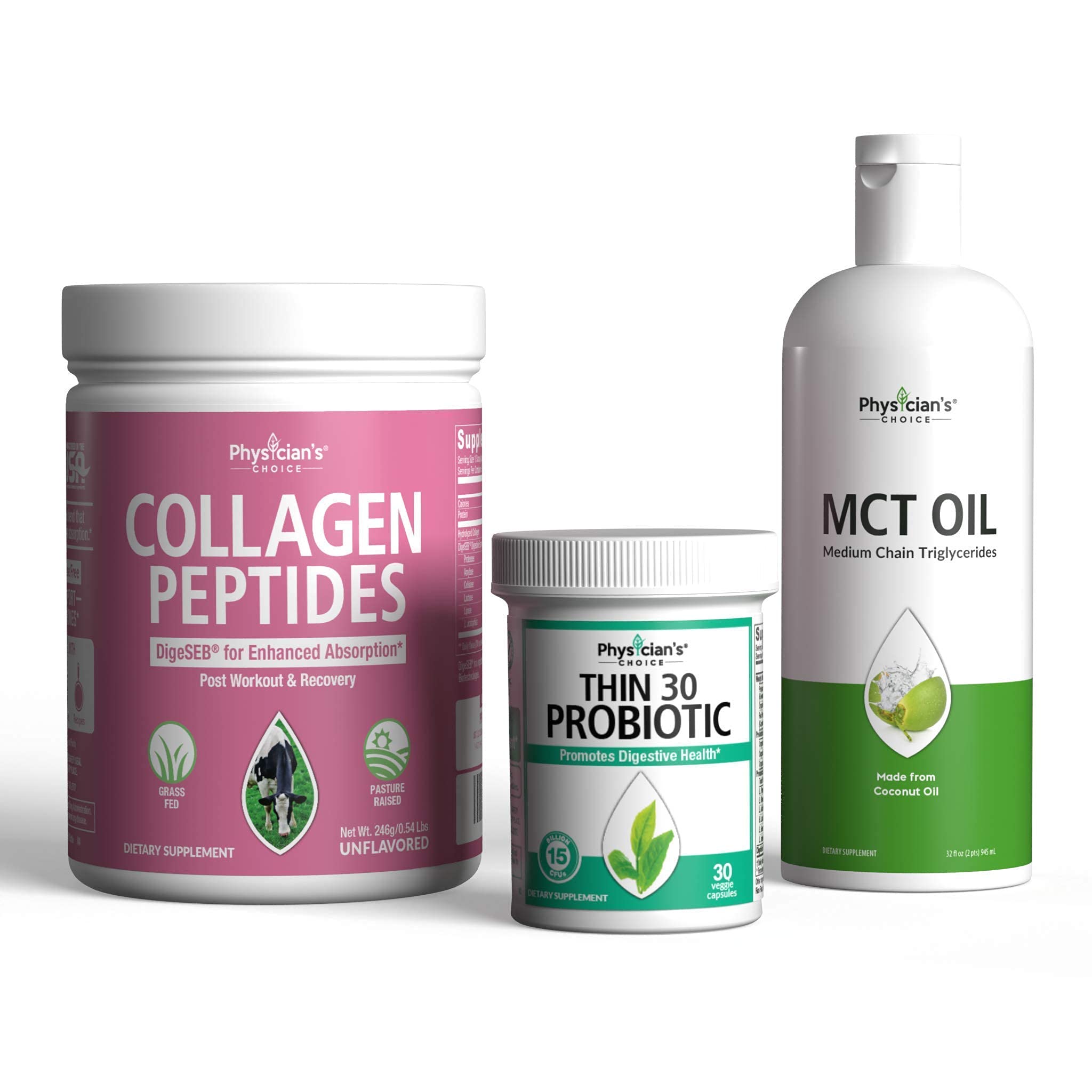 Collagen Peptides Powder - Enhanced Absorption + Dr Approved MCT Oil Keto Friendly + Probiotics for 