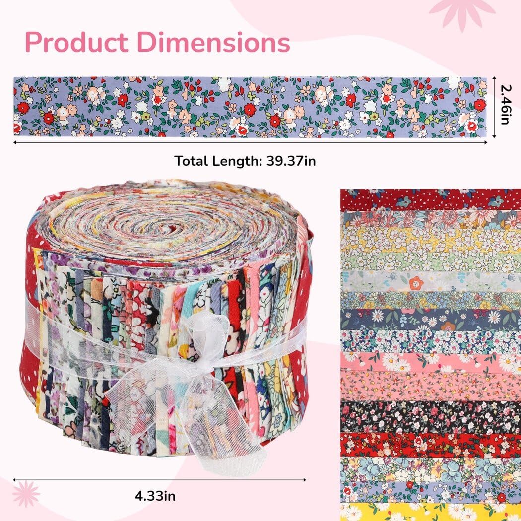 Rotoli Gelatina In Tessuto 100% Cotone - 35 Pezzi 6,5x110 Cm - Strisce Patchwork Floreali Per Cucito Fai Da Te