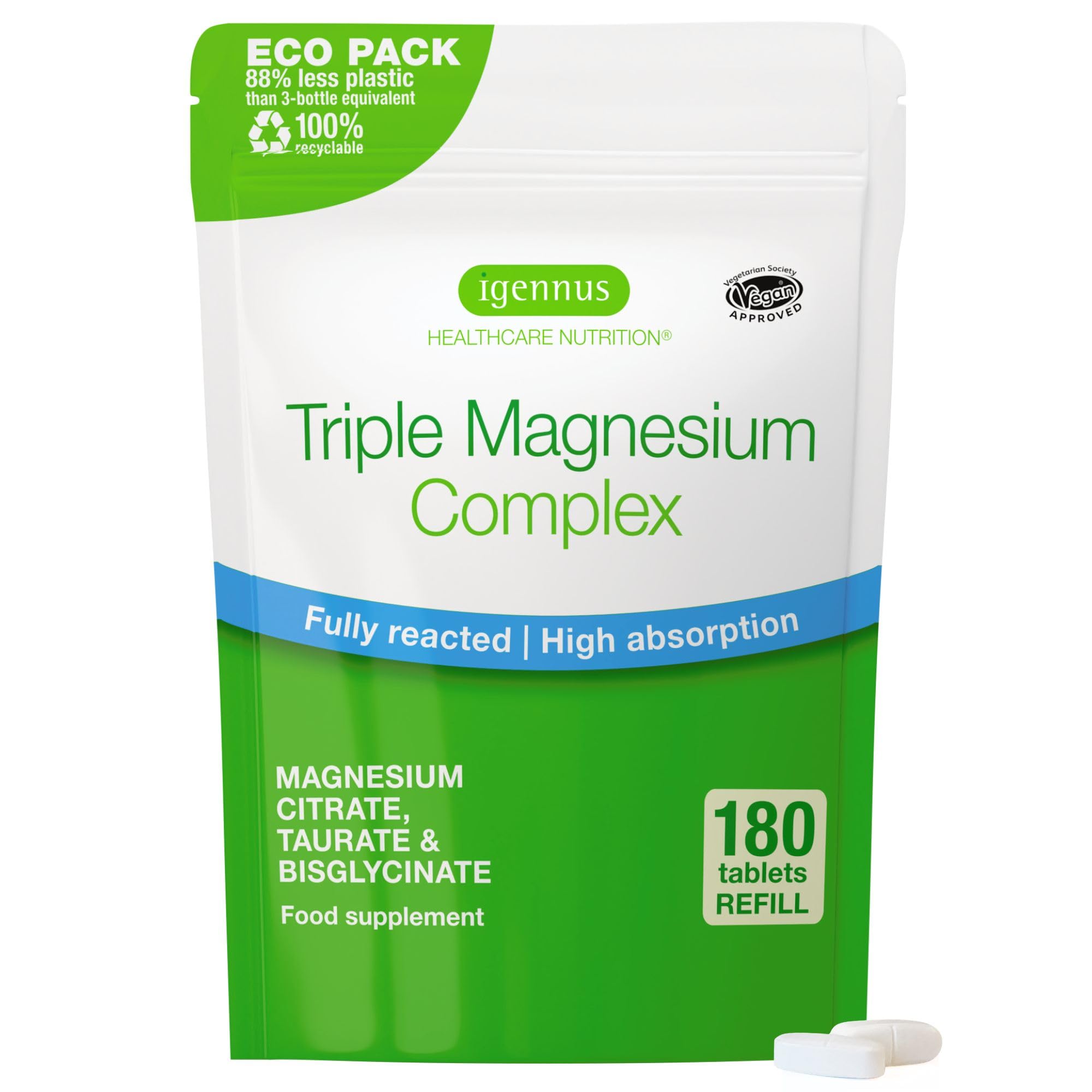 Igennus Chélaté Complexe Triple Magnésium, Bisglycinate, Citrate, Taurate | 262 mg de Magnésium Élémentaire, Prêt à l’Absorption, Entièrement Réagi, Clean Label, Végan, 180 Comprimés