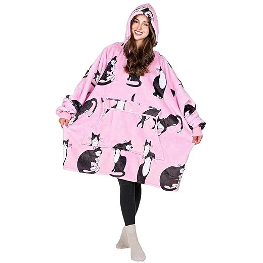 Tirrinia Wearable Blanket Oversized Hoodie for Adults, Wonder Cat Print Sherpa Sweatshirt, as Funny Warm Gifts for Family & Friend. One Size Fits All