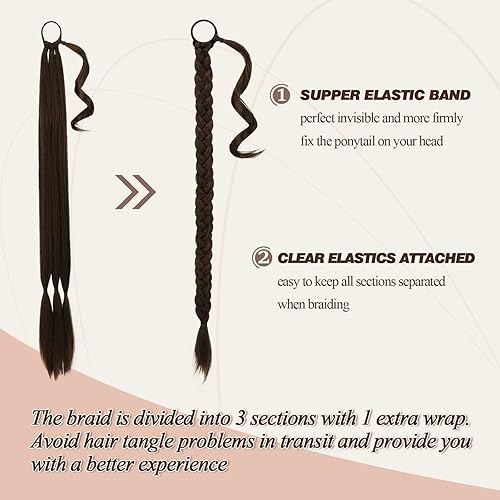 Miniatura 149 de BARSDAR 30 Inch Long Braided Ponytail Extension with Hair Tie - Straight Sleek Wrap Around Brown Braided Ponytail Hair Extensions - Synthetic Pony