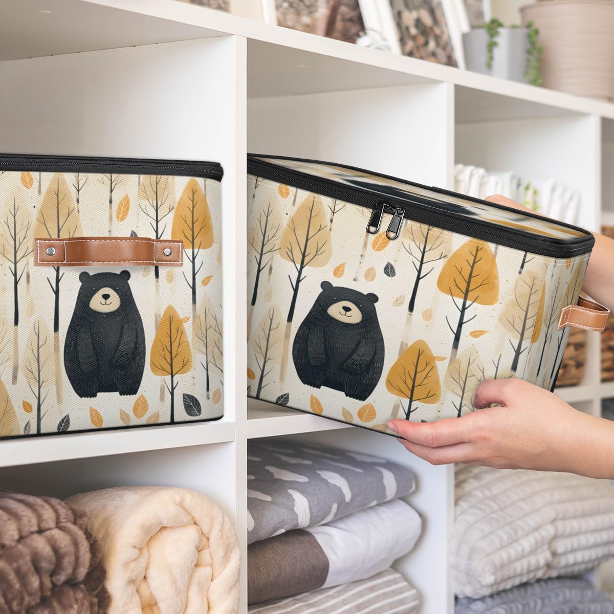 Storage Bin Set of 2 Autumn Forest Bear Storage Basket with Zipper Lid & Handle Foldable Closet Shelf 2 Pack Cloth Organizer Basket Cube Bins Clothes Organizer for Nursery, Bedroom