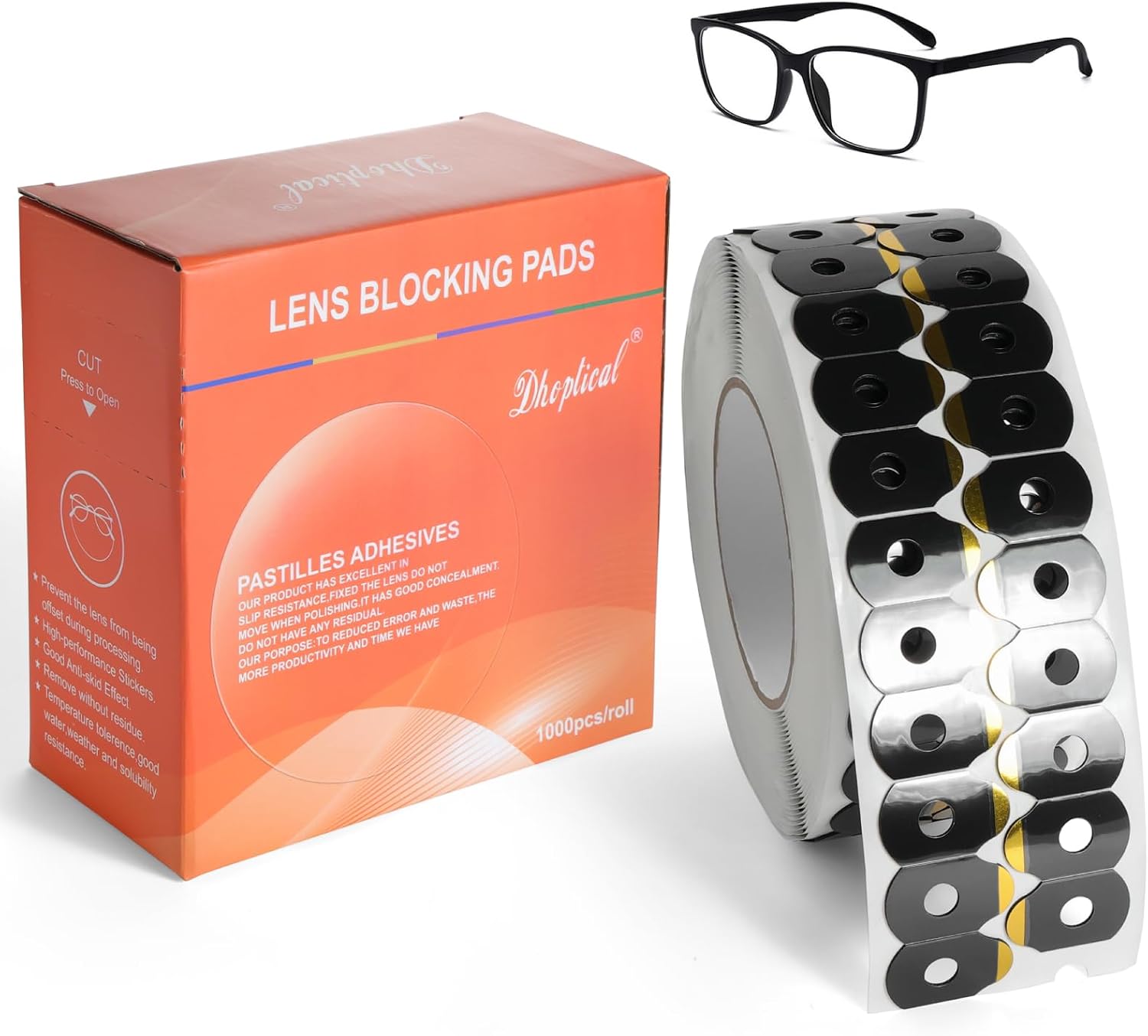 Lens Blocking Pads 1000PCS/ROLL Black for PC Lense and Ultra-Water Resistant Lens Eyeglasses Accessories By Dhoptical (1.14 inch *0.73 inch)