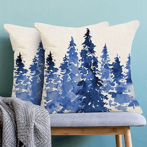 Miniatura 4 de AEIOAE Juego de 2 fundas de almohada de Navidad de 18 x 18 pulgadas, decoración de árboles de Navidad azules, fundas de almohada de invierno para