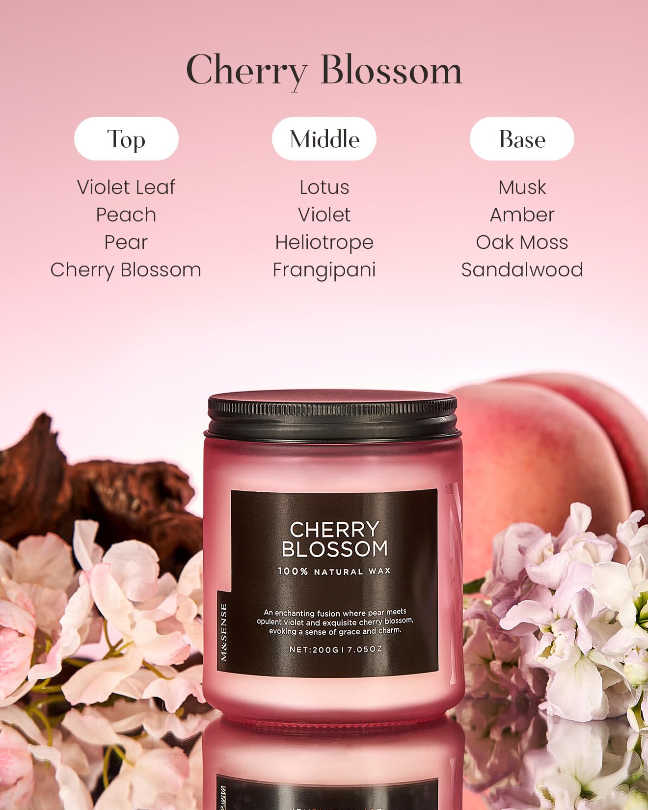 M&SENSE Cherry Blossom Soy Wax Aromatherapy Scented Candles Gifts for Women Non Toxic 200g 50H Burn Time Candles for Romantic Evenings Relaxation Floral Organic Small Jar Candle for Home Decor - Image 2