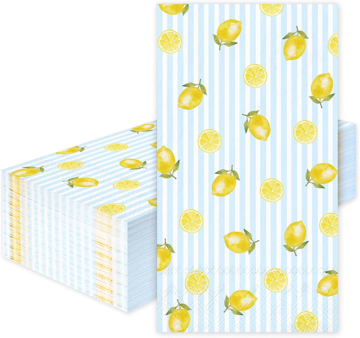 Whaline 50 Pcs Summer Lemon Guest Napkins Summer Disposable Dinner Napkins Blue Stripe Yellow Lemon Paper Hand Towels for Bathroom Home Party Table Supplies
