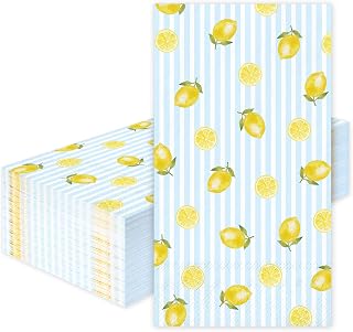 Whaline 50 Pcs Summer Lemon Guest Napkins Summer Disposable Dinner Napkins Blue Stripe Yellow Lemon Paper Hand Towels for Baby Shower Bathroom Home Party Table Supplies