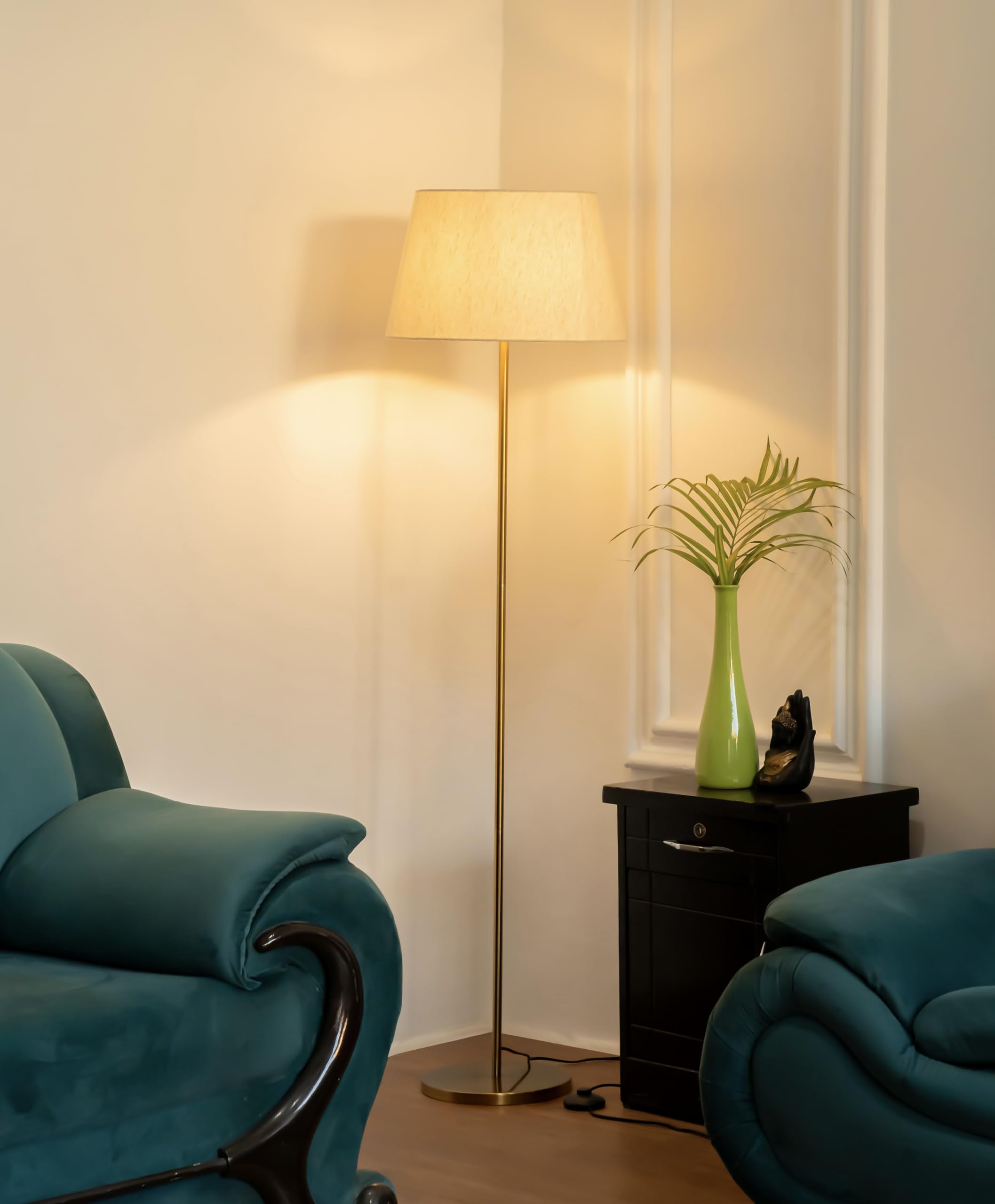 Divine Trends Floor Lamp LED, Incandescent Standing Modern Antique Brass Finish 5Ft Height With 16 Inches Off White Lampshade For Living Room Corner, Home, Hotel, Office Pack Of 1 (B0D2YCLJ8Y) Amazon Price History, Amazon Price Tracker