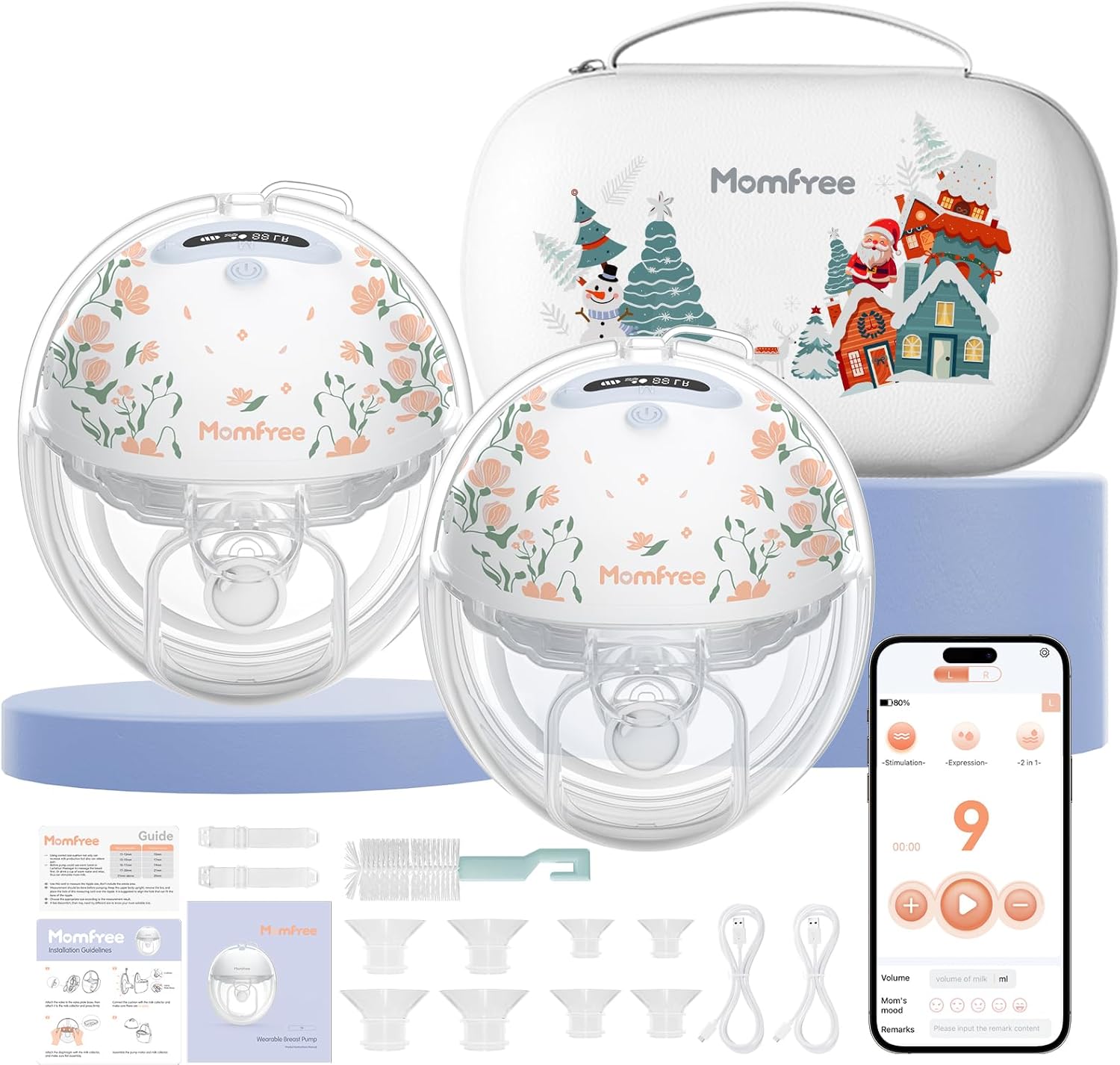 Wearable Breast Pumps for Breastfeeding: Christmas Breast Pump Hands-Free App Control with 3 Modes & 9 Levels – Dedicated Breastmilk Storage Portable Strong Suction 24/21/19/17/15mm Cushion Insert