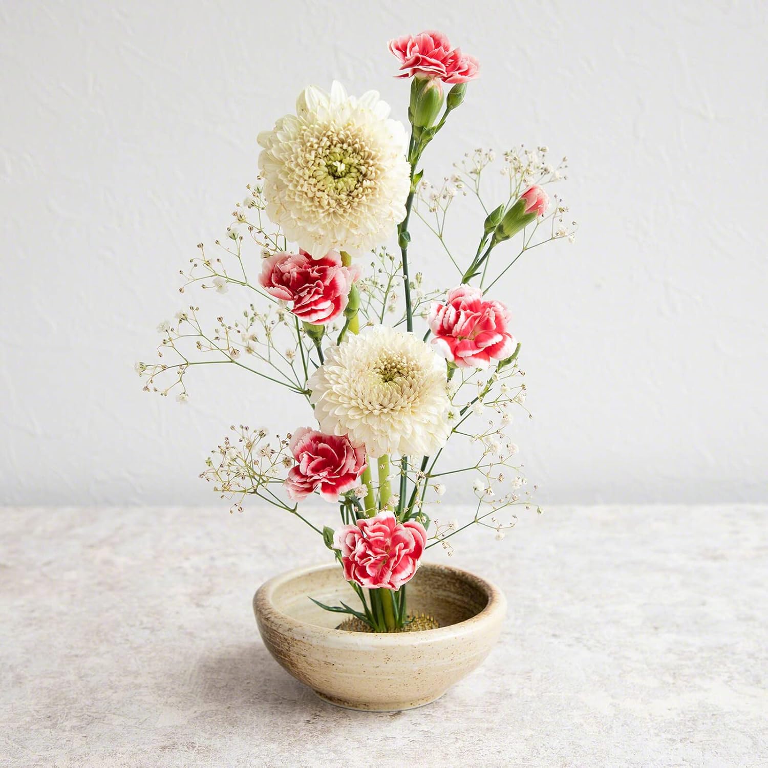 Wazakura Minoyaki Series Japanese Ikebana Essential Tool Kit - Small Round Ceramic Flower Vase and Kenzan Pin Frog for Floral Arranging (Sand Beige Vase + 2in (61mm) Brass Kenzan)