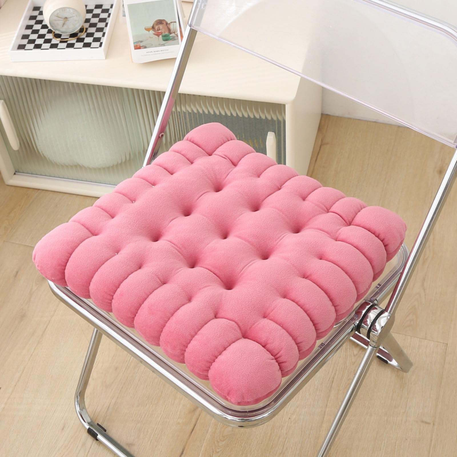 FAANAS Biscuit Shaped Seat Cushion, Tufted Comfy Chair Cushion 17" x 16" Thicken Chair Pad Tatami Floor Pillow Cushion, Pink
