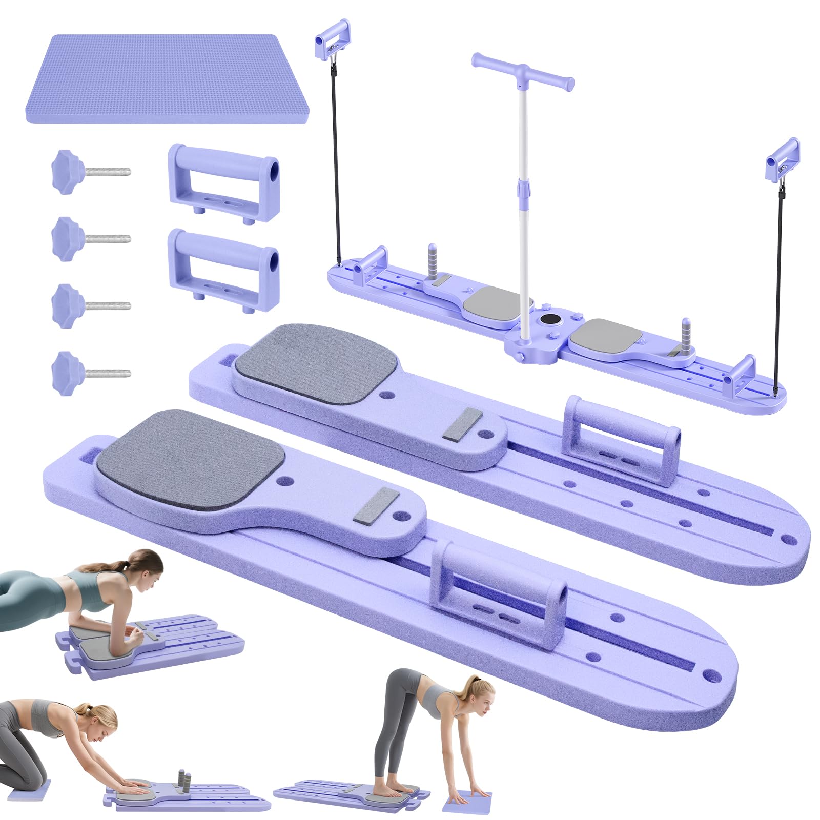 Pilates Reformer Maschine, Multifunktionales Ski-Fitnessgerät mit Widerstandsbändern, Verstellbaren Griffen, Pilates Board, Liegestütz Griffen, Split-Ab-Board & Armtrainer, Ganzkörper Workout