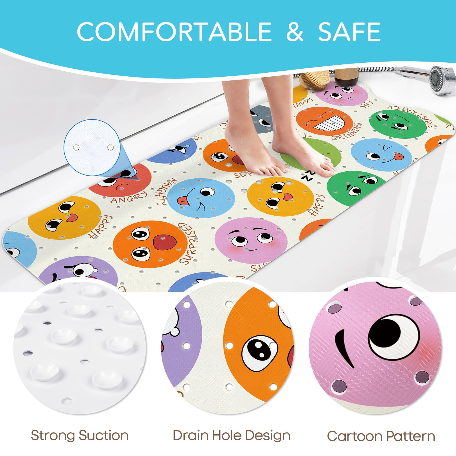 SHUCHING Tapis de Bain Antiderapant Enfant, Tapis Baignoire Bebe Antidérapant 100 X 40 cm, sans BPA Lavable en Machine et Résistant à la Moisissure, Expression Faciale