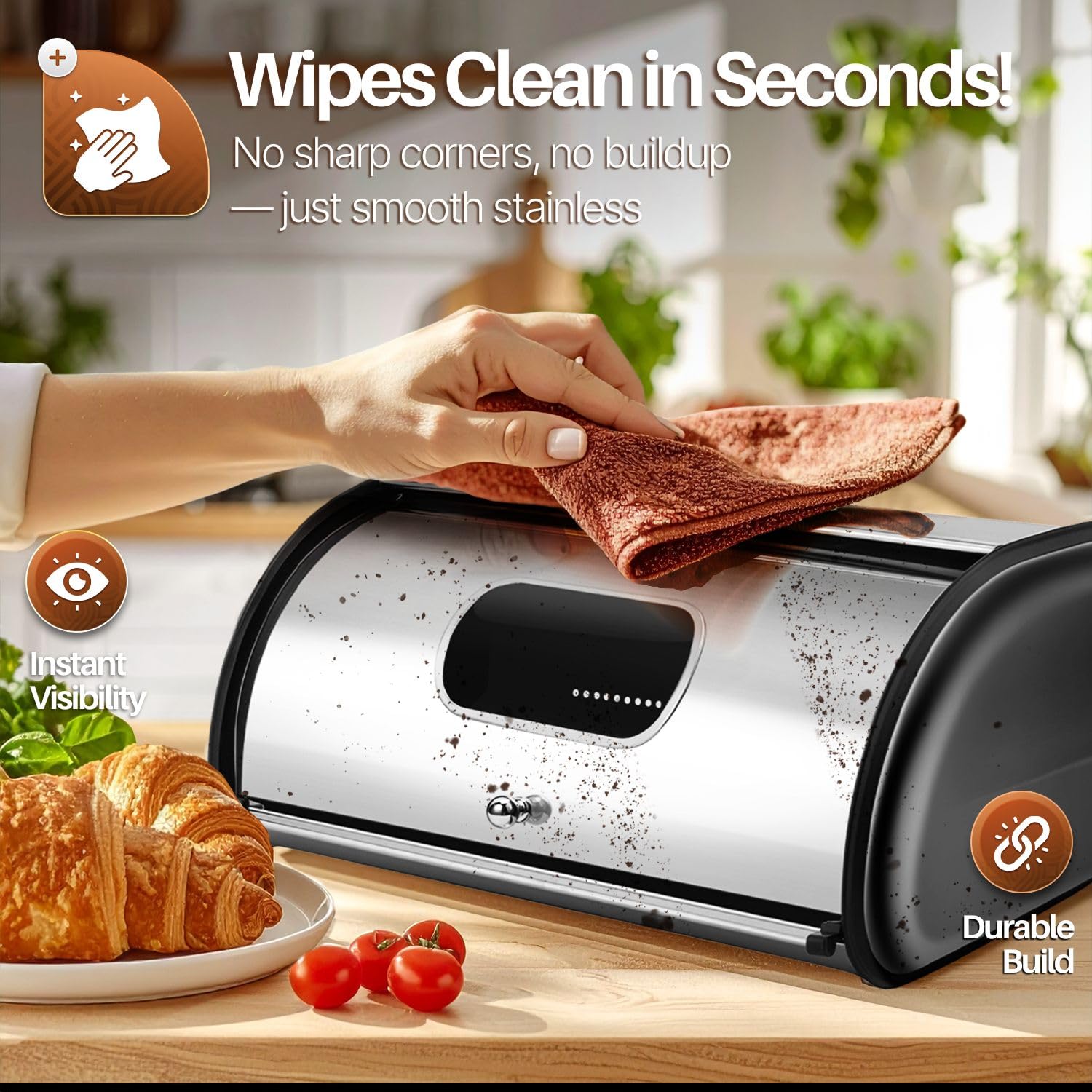 Flexzion Brotkastenhalter aus Edelstahl mit aufrollbarem Deckel, Aufbewahrungsbehälter für hausgemachte Kuchen, Brötchen, Toasts, Brote, Gebäck, Zuhause, Küche 17 Inch with Window edelstahl