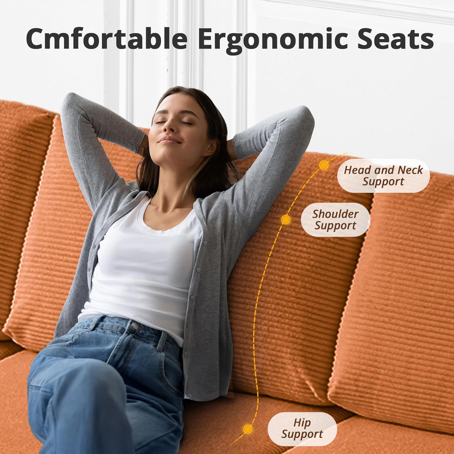 108" L-Shaped Boneless Couch, High Seat Modular Sectional Sofa with Moveable Ottoman, Corduroy Cloud Couches for Living Room, No Assembly, Ship in a Box, Orange | Modular Flexibility