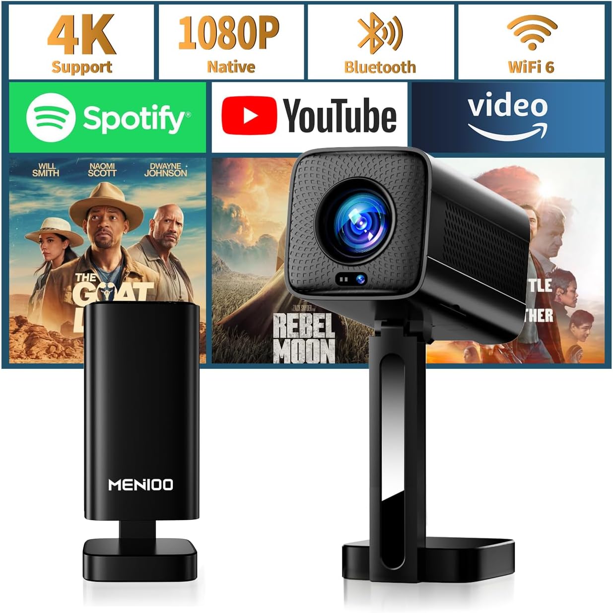 4K Mini Projector 2026 Upgraded Support Native 1080P FHD, Smart Projector [Built-in Apps] with WiFi and Bluetooth, Real-Time Auto Focus & Keystone Correction Supports TV Stick/iPad/Laptop/HDMI - Black