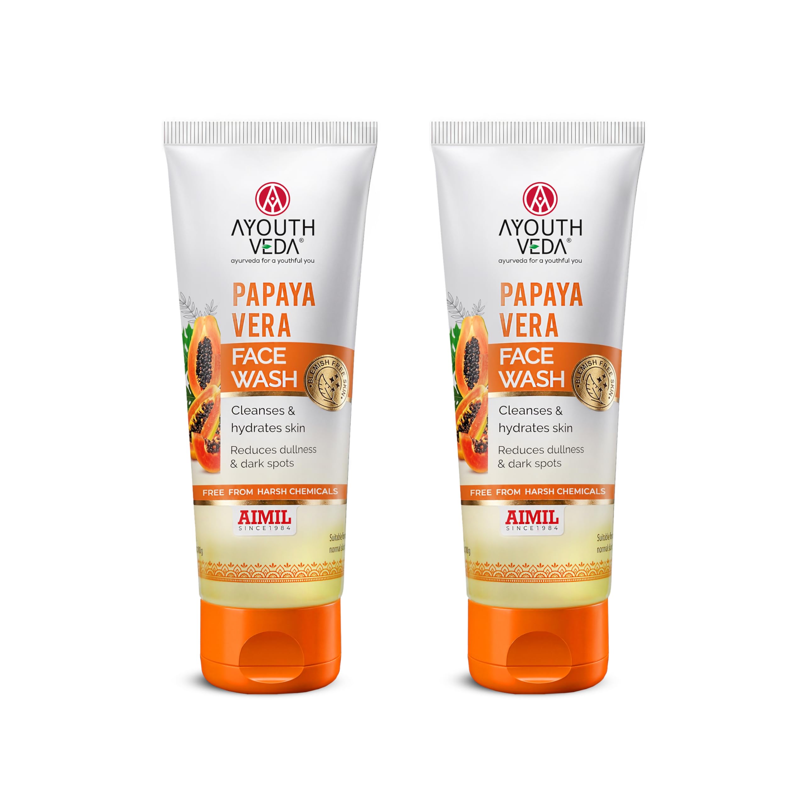 Ayouthveda Papaya Vera Face Wash with Real Papaya Extract for Dry to Normal Skin | Deep Cleansing, Removes Dullness, Dark Spots & Impurities | Hydrating, Sulfate-Free Gentle Formula | 100 g (Pack of 2)