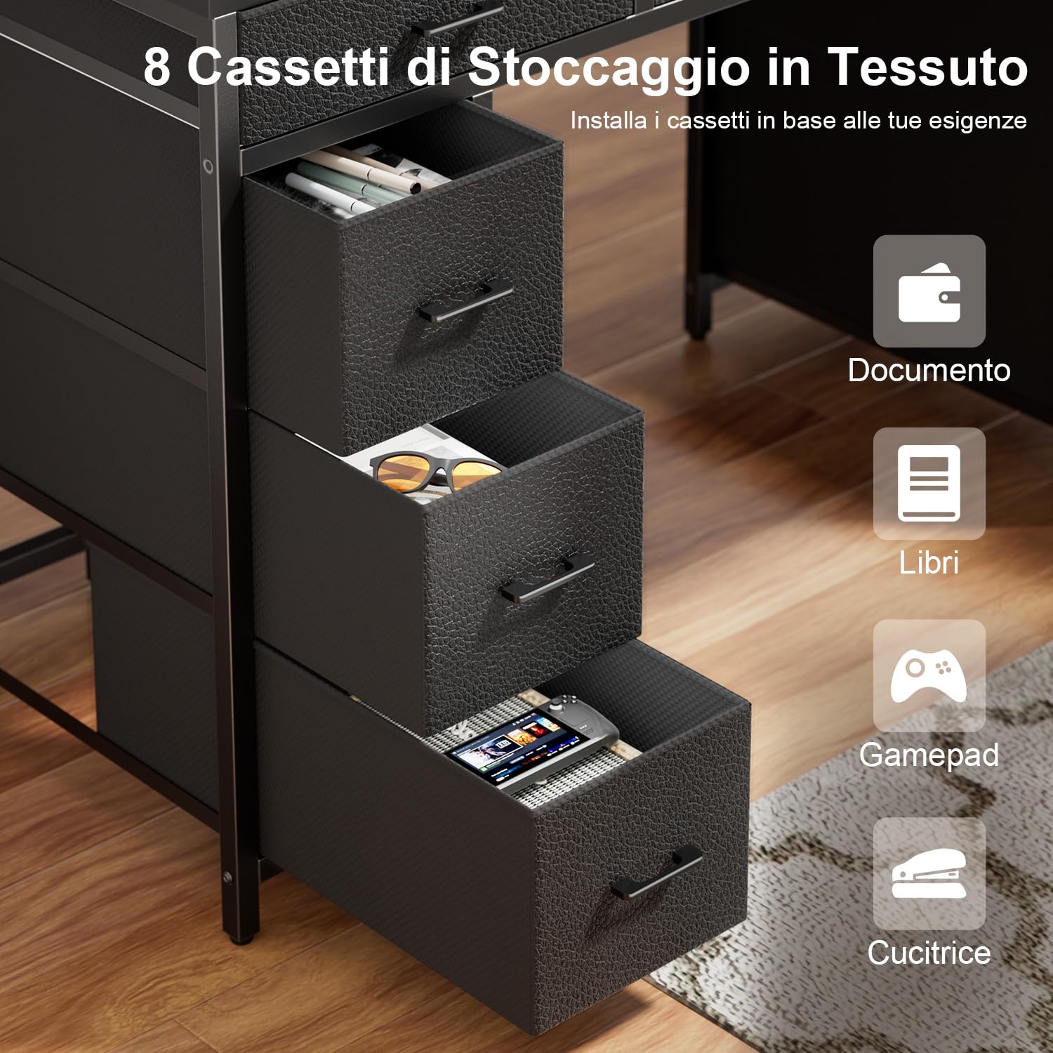 HLFURNIEU Scrivania con 8 Tessuto Cassetti, Tavolo Gaming con Presa di Corrente & Porta USB, Scrivania PC Salvaspazio con LED, Tavolo Ufficio con Supporto per Monitor (Nero, 120 × 50 cm)