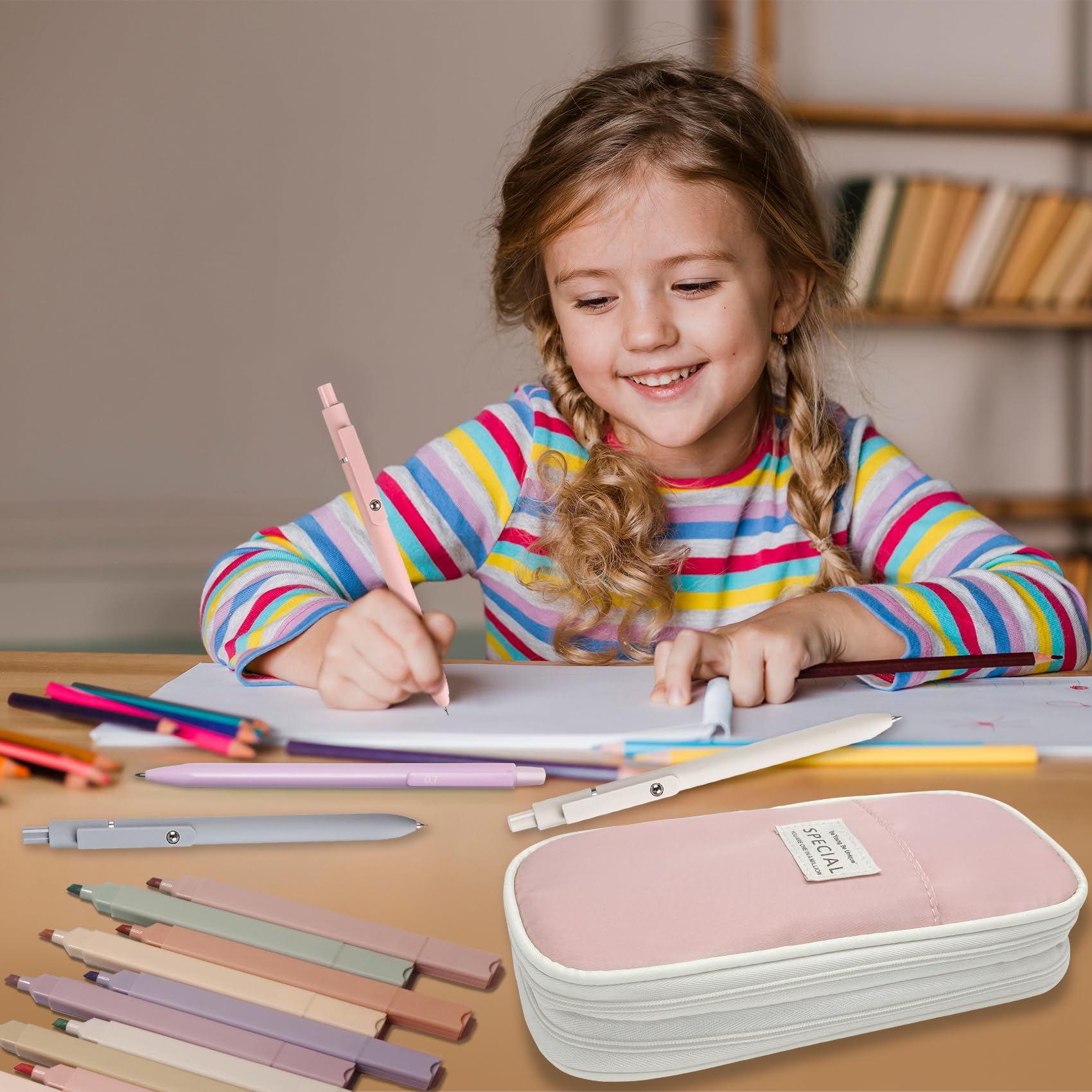 Ästhetisches Schulzubehör mit niedlichem Federmäppchen, 5 Gelstifte, 12 Pastell-Textmarker, 6 Druckbleistifte, 0,5 und 0,7 mm, für Schulbedarf, Pink, 41-teilig