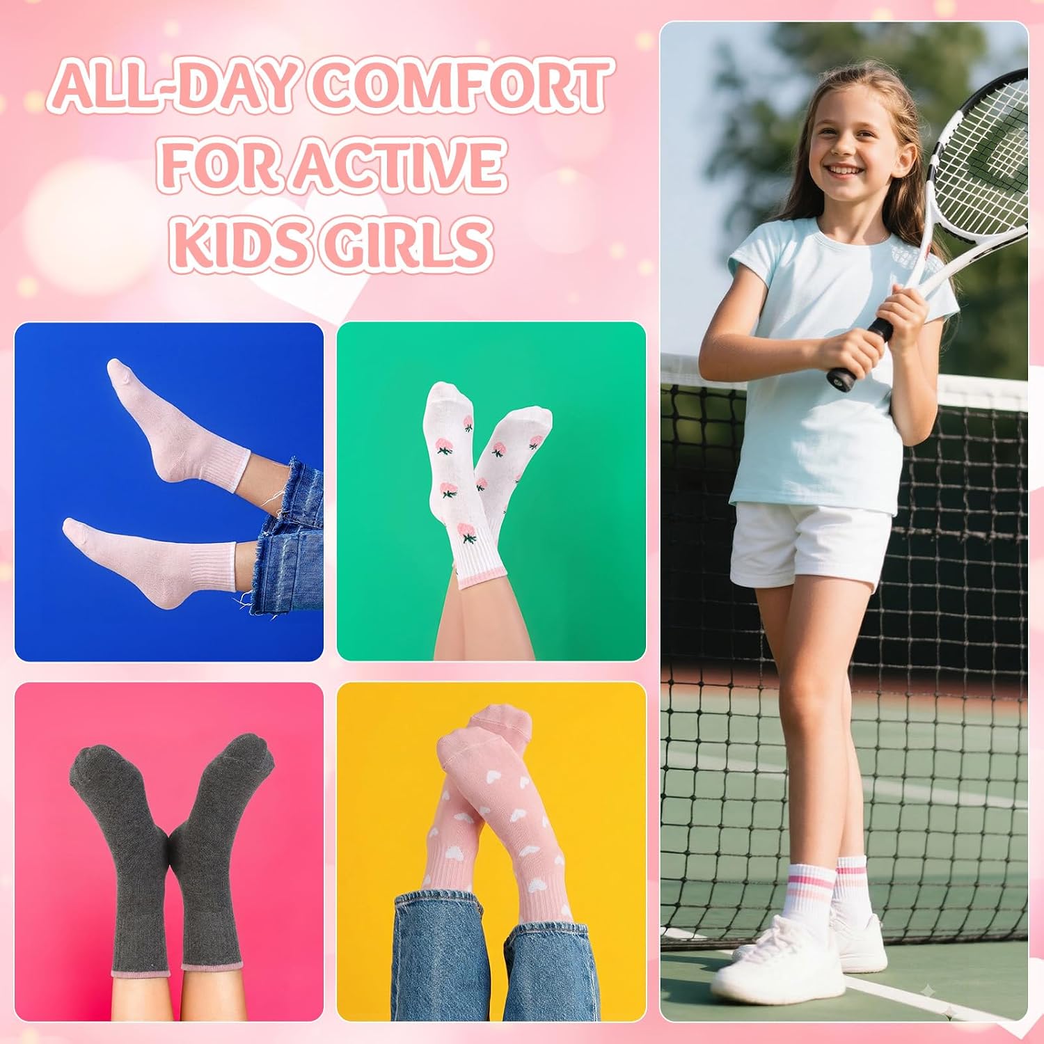8 Pairs Kids Girls Crew Socks Cute Pink White Athletic Socks with Stripes Heart Strawberries Stretchy Cotton Sock