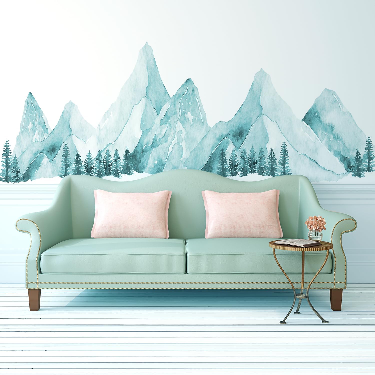 Large Mountain Wall Decals, Spa Green Pine Tree Peel and Stick Vinyl Wall Stickers & Murals, Removable Home Room Wall Decor for Bedroom Living Room Bedroom Classroom Office Nursery
