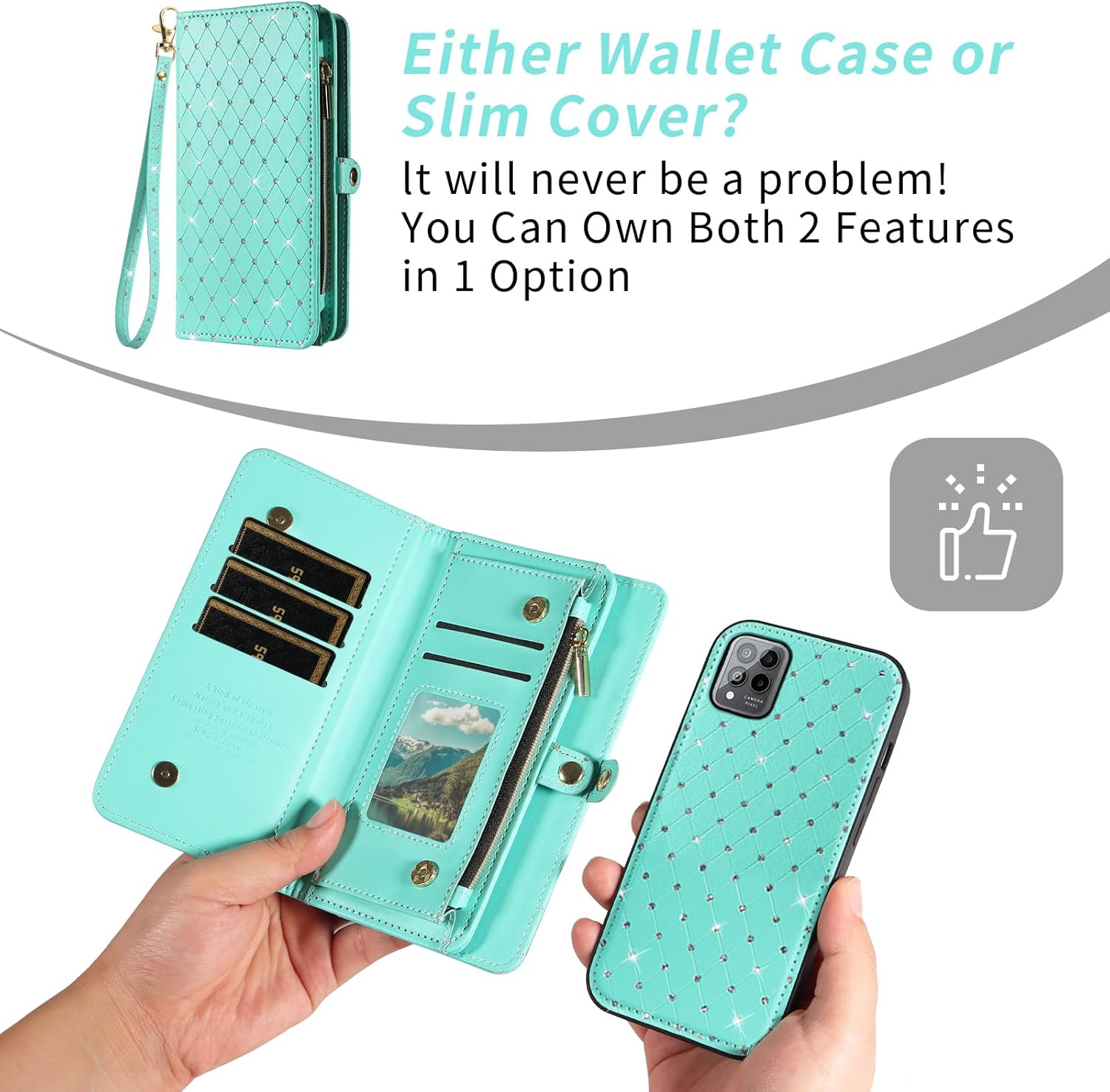 Asuwish Phone Case for T-Mobile Revvl 6 Pro/6X Pro 5G Zipper Wallet Cell Cover with Screen Protector Strap Glitter Flip Card Holder Slot Tmobile Revel X Tmo Revell T Mobile Rebel TCL Women Girls Teal