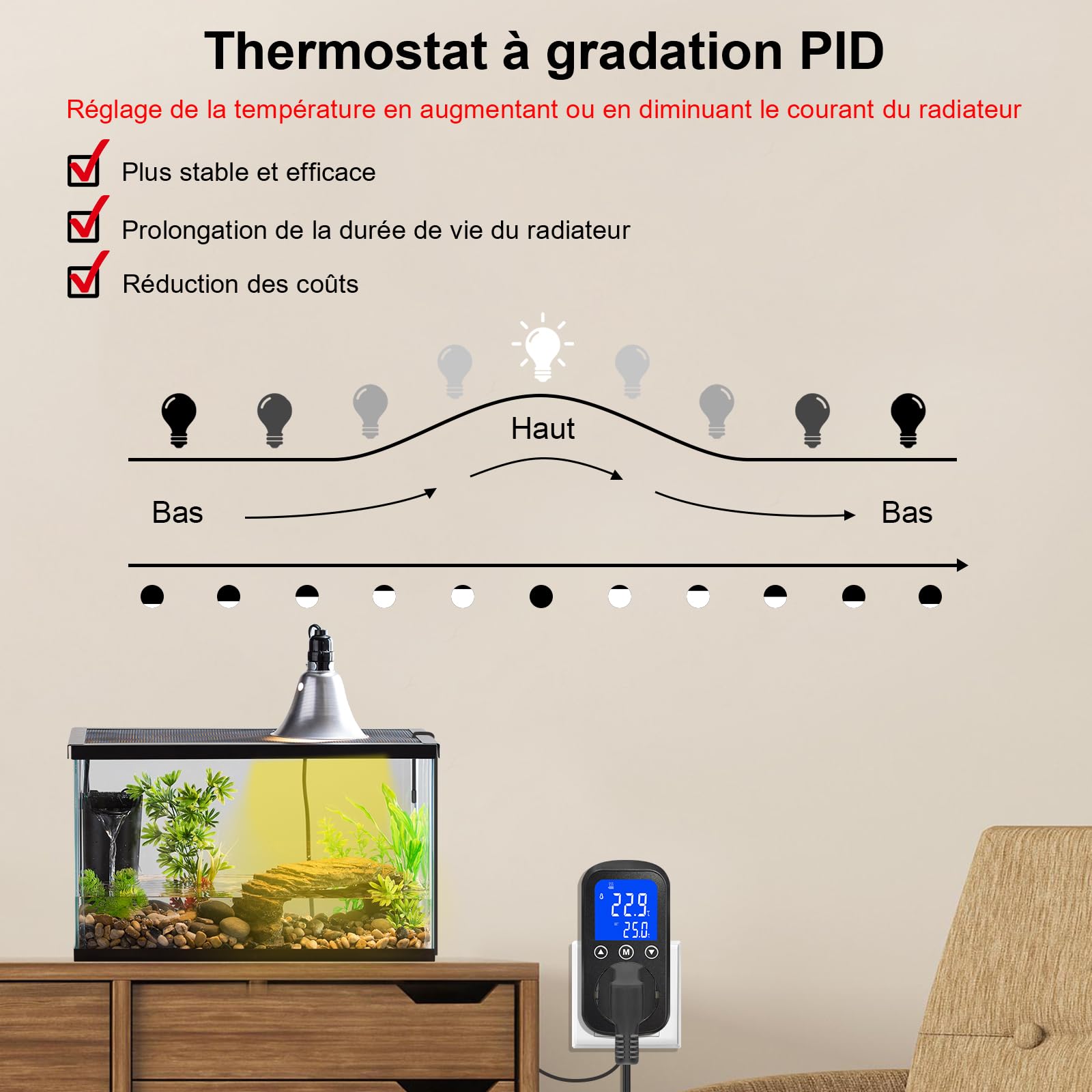 KETOTEK KT2100 Régulateur de température PID Prise Thermostat à Gradation | pour Chauffage pour terrariums, Reptiles, Aquariums, Tapis Chauffants pour Lampes chauffantes, 2A 460W, capteur étanche