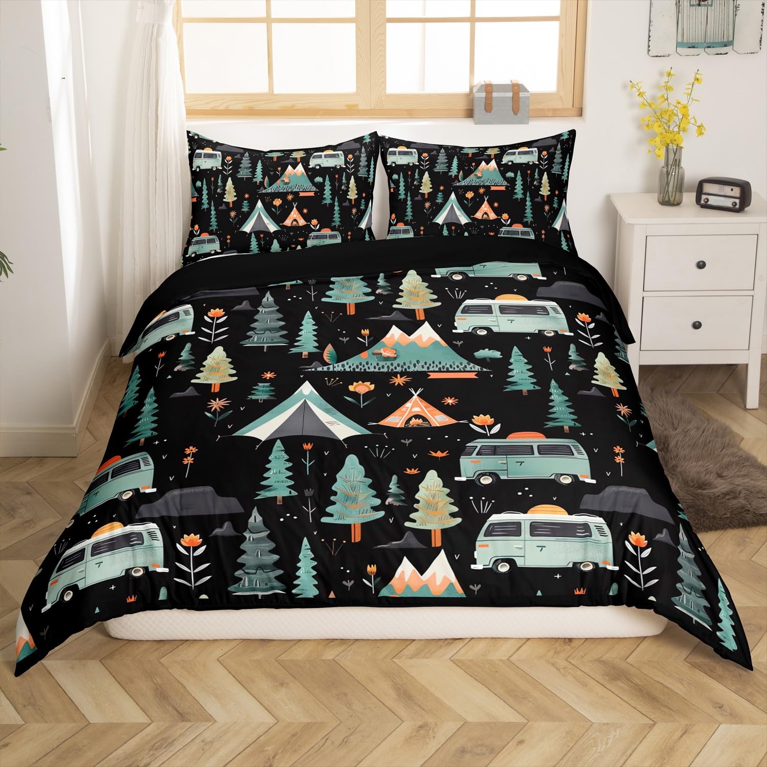 Parure de lit sur le thème du camping finitions pin super king size