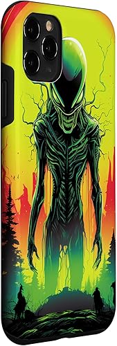 Vista 24 de iPhone 14 Pro Max Cute Green Alien Head UFO Space Face Alien Case