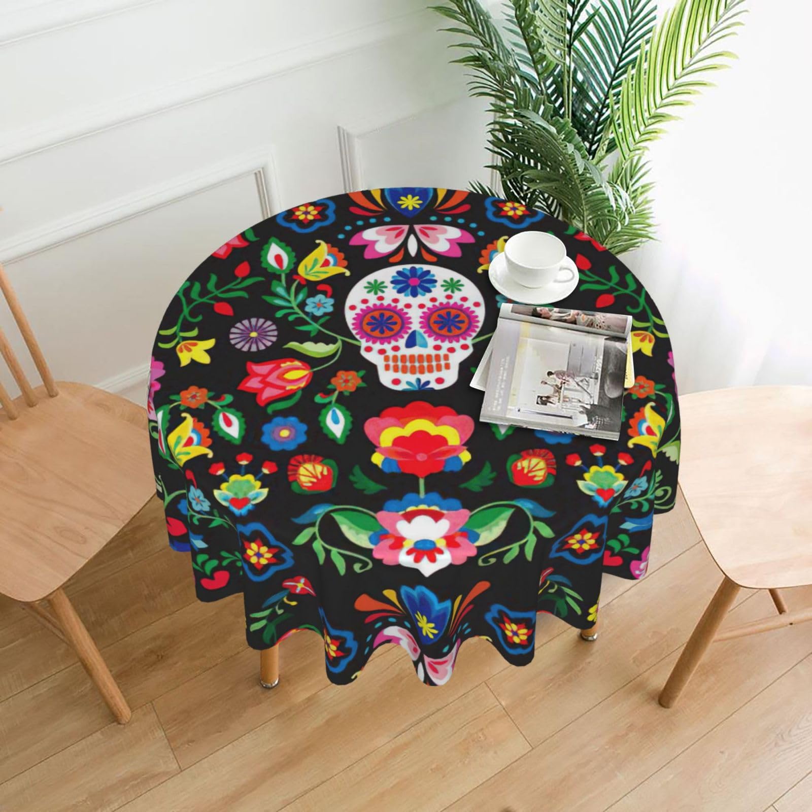OXbnmm Sugar and Skulls and Flowers Print Soft Round Tablecloth 60in Polyester Washable Cover Cozy Gift for Mom Housewarming