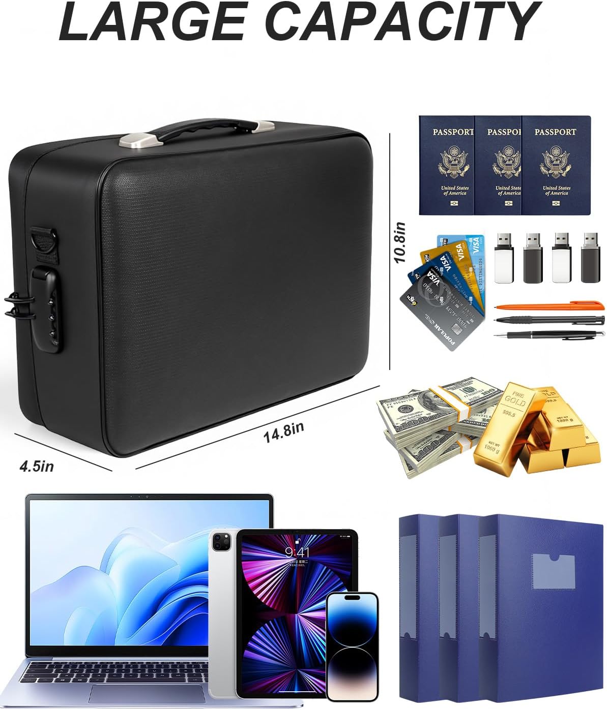 Fireproof Document Box with Combination Lock, Water-Resistant Portable File Organizer Case with Accordion Folder for Important Documents and 15" Laptop Storage