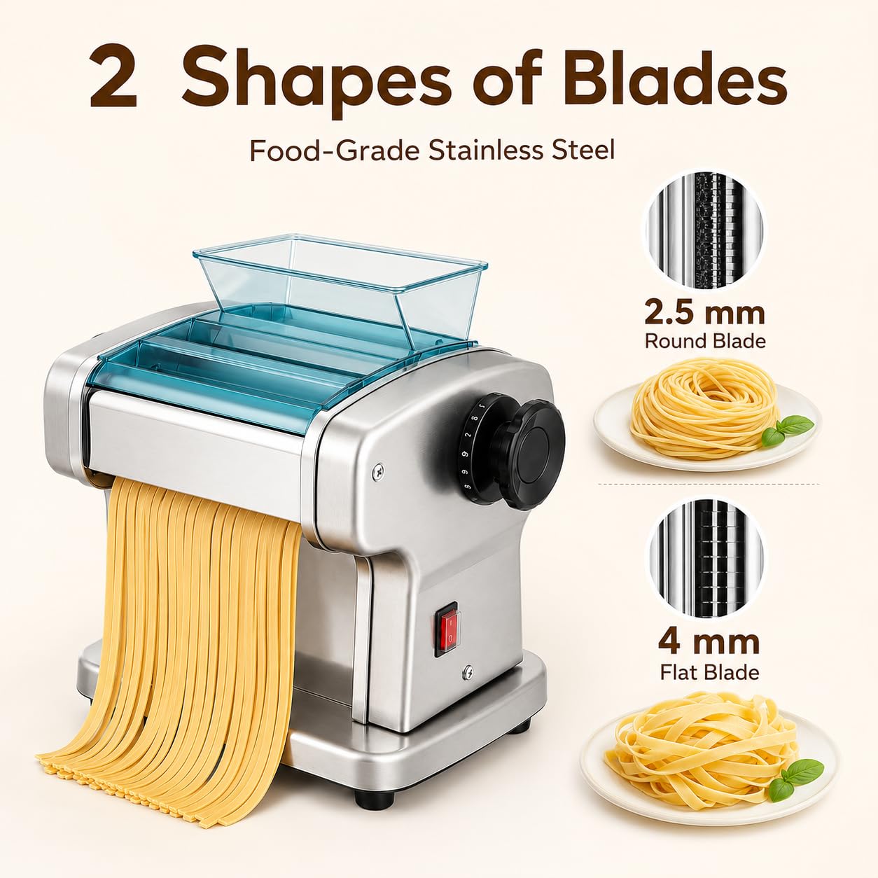 Elektryczna Maszynka Do Makaronu, Do Świeżych Makaronów, 9 Ustawień Grubości, Stal Nierdzewna, Okrągłe Ostrza 2,5 Mm I Płaskie 4 Mm Do Spaghetti, Lasagne, Ravioli