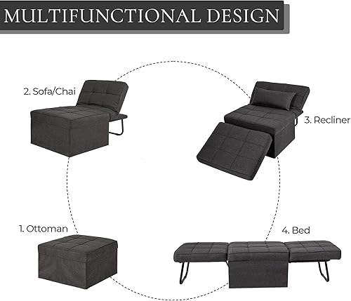 Miniatura 3 de Silla cama cama, cama otomana convertible 4 en 1, sofá cama plegable con respaldo ajustable, no requiere montaje para apartamento, sala de estar y