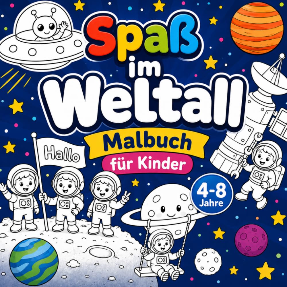 Spaß im Weltall Malbuch für Kinder 4-8 Jahre: 50 Illustrationen mit den Abenteuern kleiner Astronauten im Weltraum