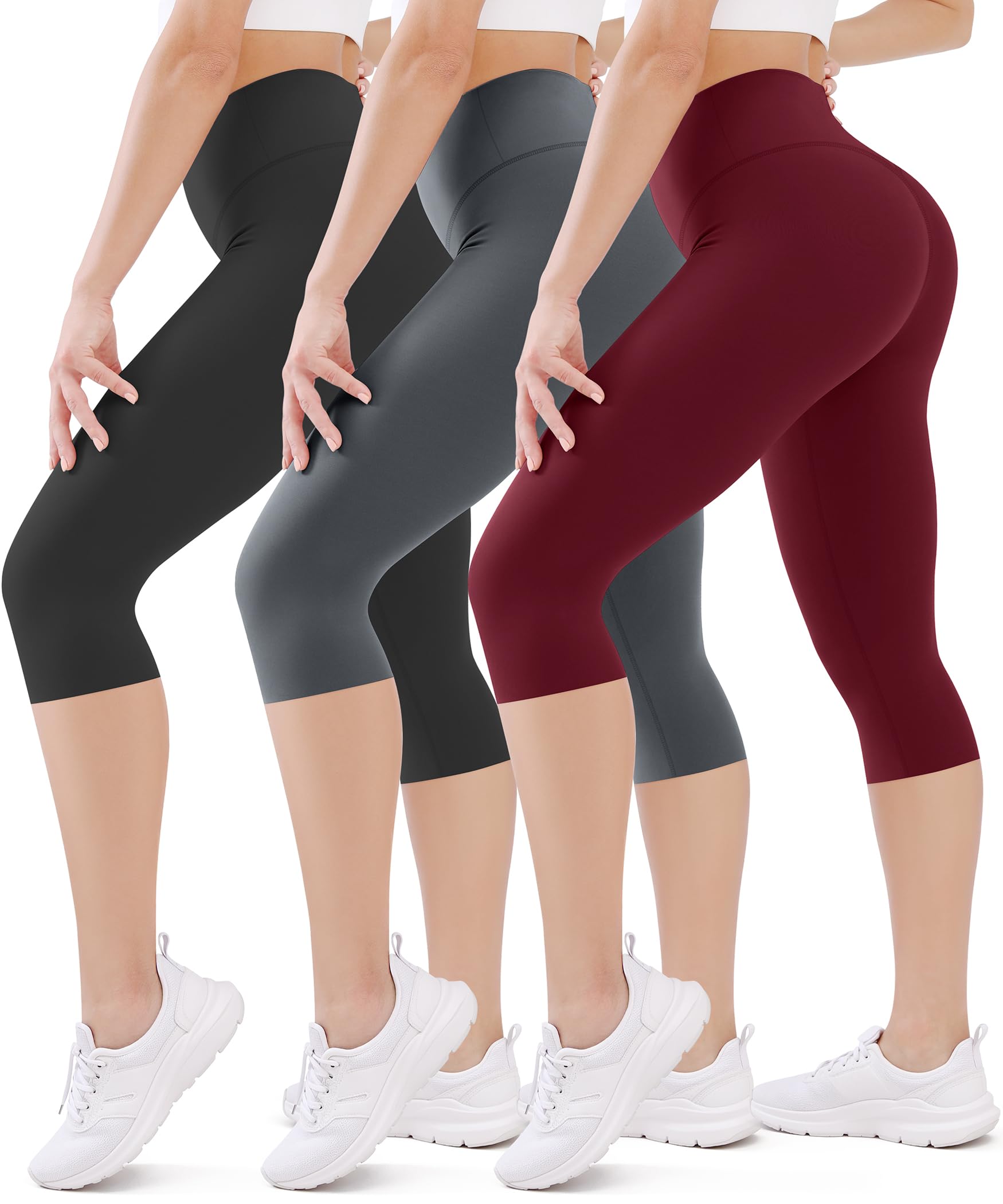 FEYHAY 3 Pack Capri Leggings for Women - High Waisted Yoga Pants with Pockets Workout Running Cycling