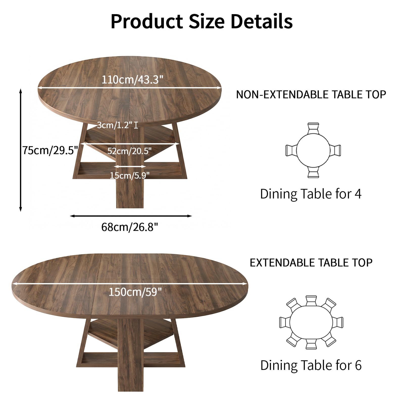Mesa de comedor extensible de madera de nogal, redonda, con estante, para 4-6 personas, moderna, que ahorra espacio