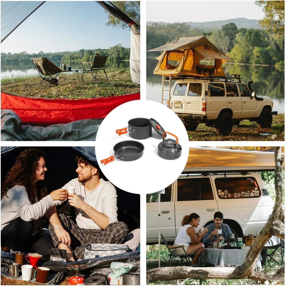 Set di pentole da campeggio, 10 pezzi, portatile, in alluminio, con custodia, set da cucina da campeggio, kit da campeggio, per 3 o 4 persone, campeggio, escursionismo, picnic