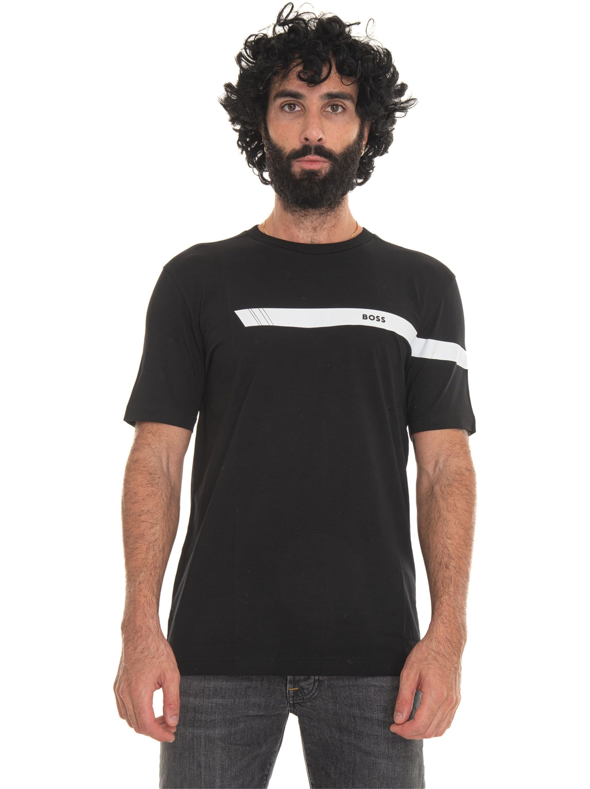 BOSSMens Tee 2 Stretch-Cotton T-Shirt with Stripe and Logo
