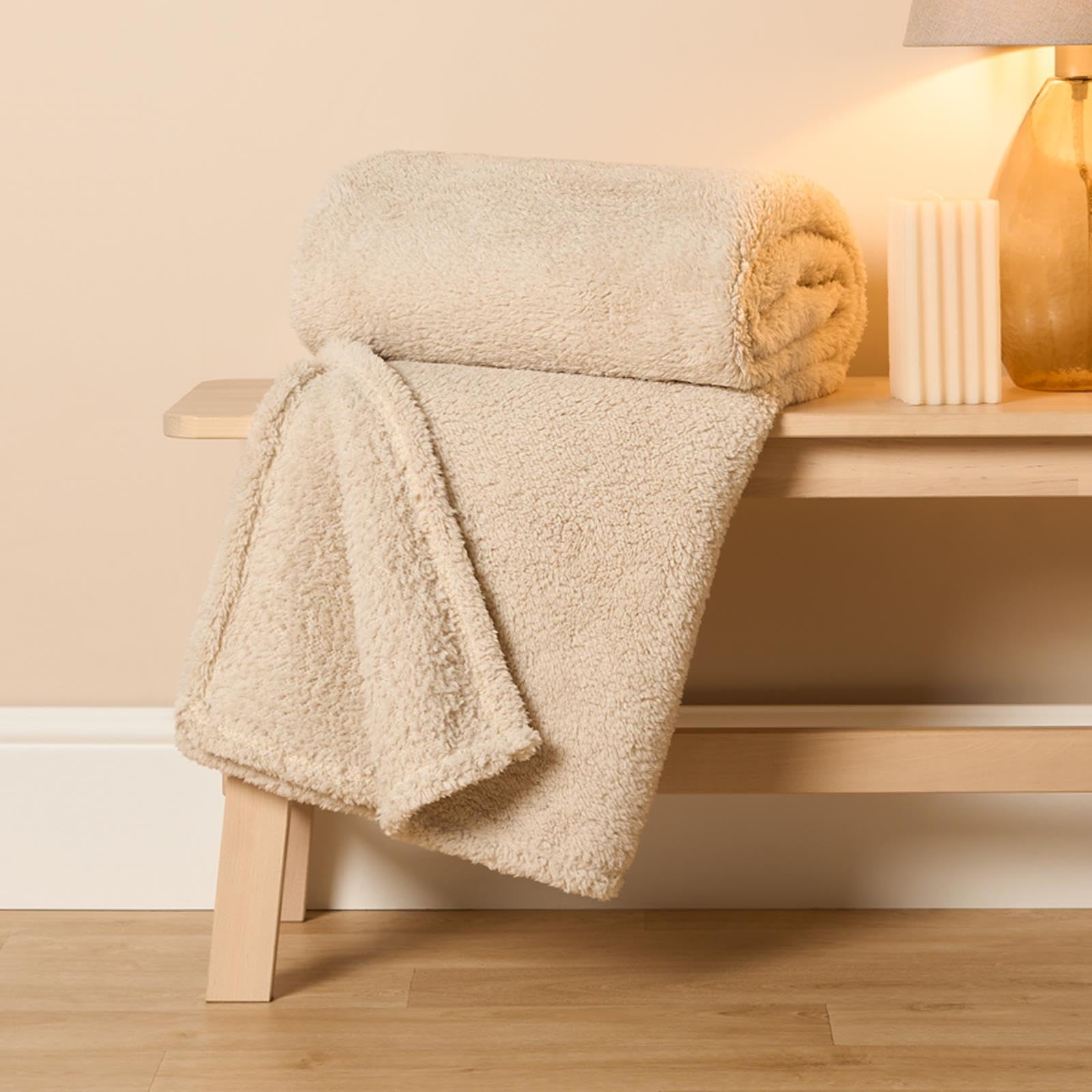 OHS Teddy Fleece Throw Blanket - Natural - 200 cm x 240 cm