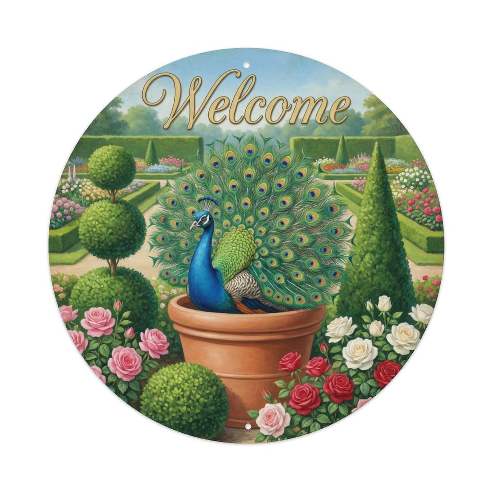 Okahys 8X8inch(20X20cm) Welcome Peacock Topiary Garden Metal Tin Sign