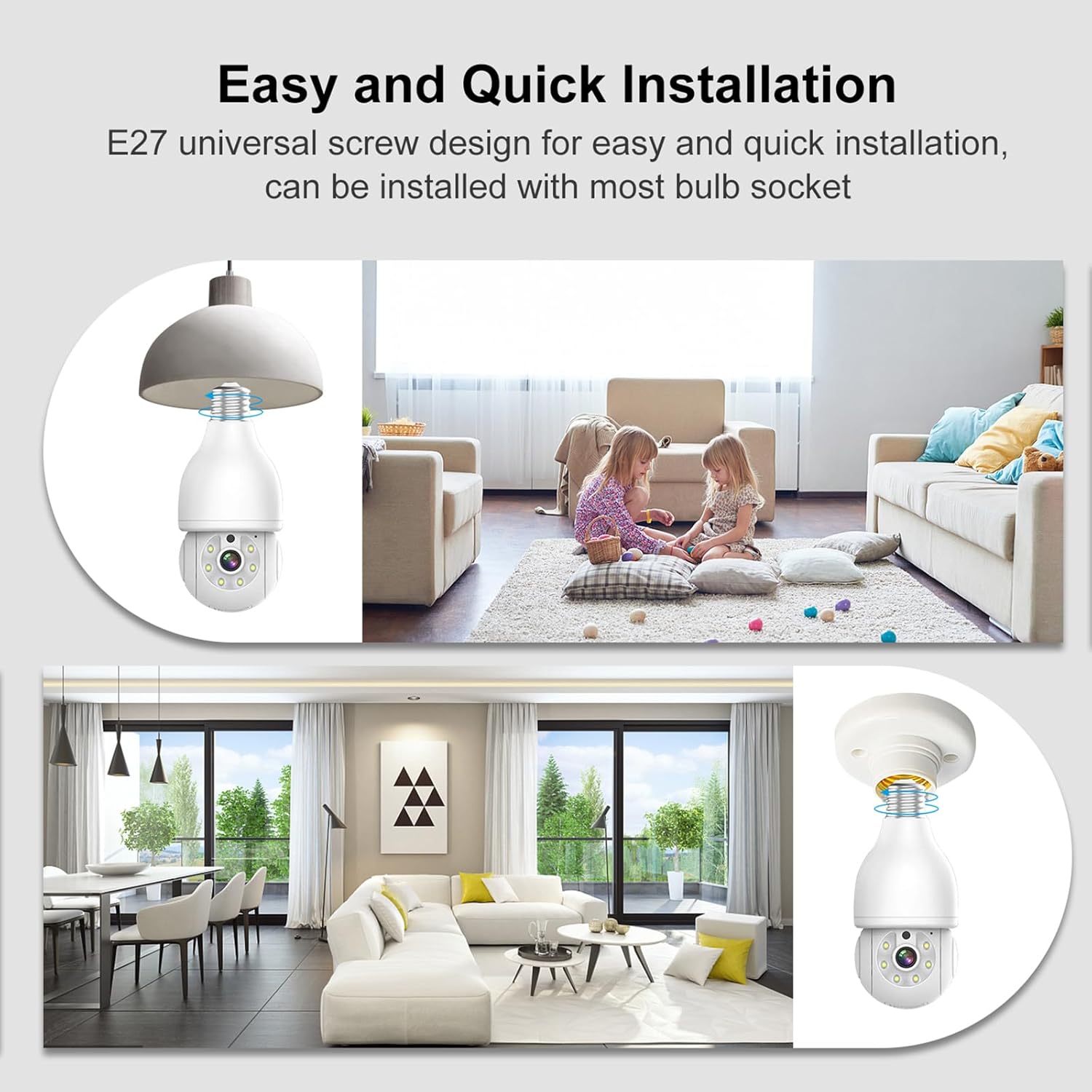 Dosilkc Light Bulb Security Camera with a smartphone displaying the app interface