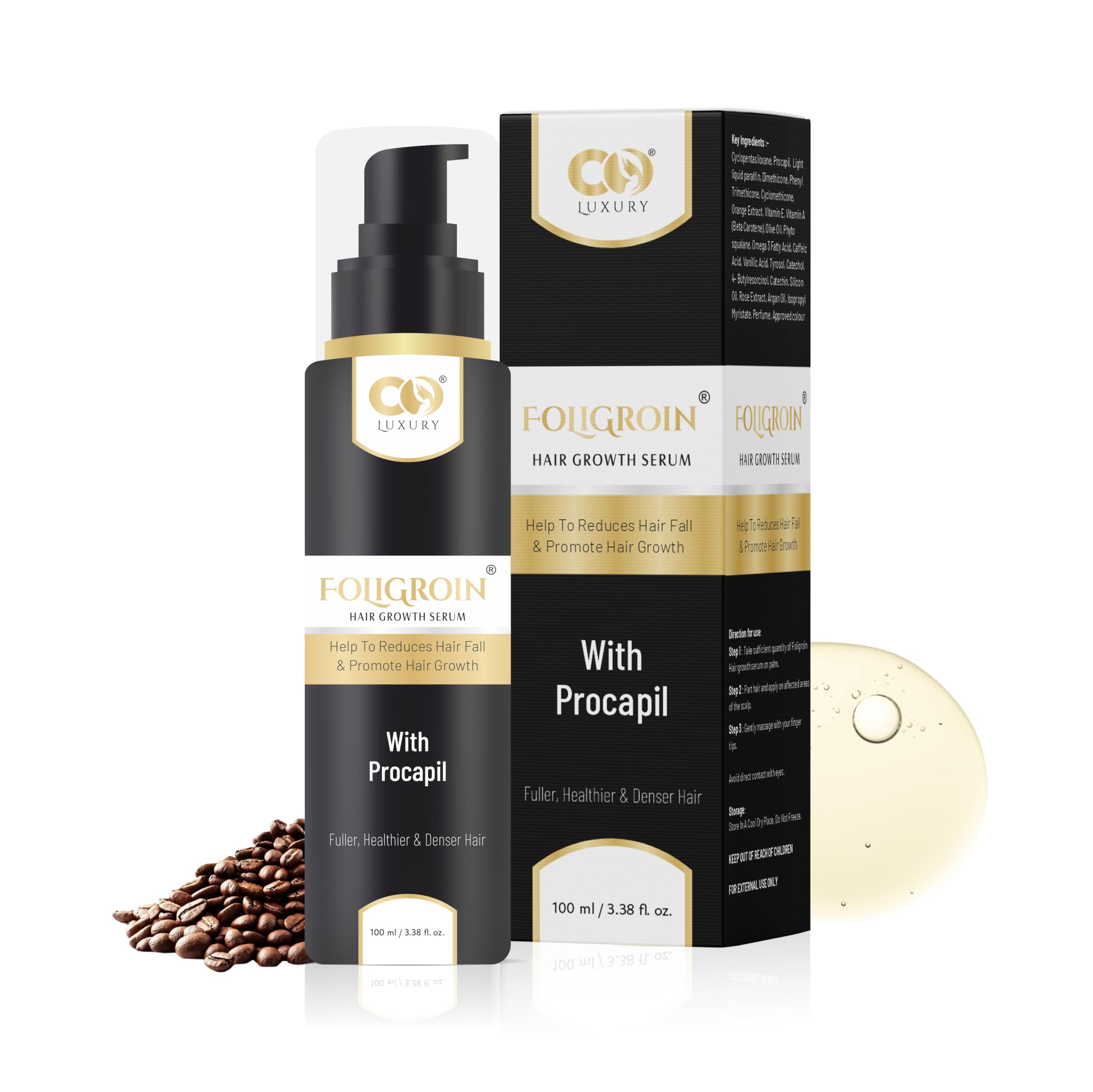CO LUXURY Foligroin Hair Growth Serum with Procapil, AnaGain, Caffeine, Omega 3 & Rose Extracts - 100 ml | Non-Greasy, Vitalizing Hair Serum for Strong & Healthy Hair | Men & Women