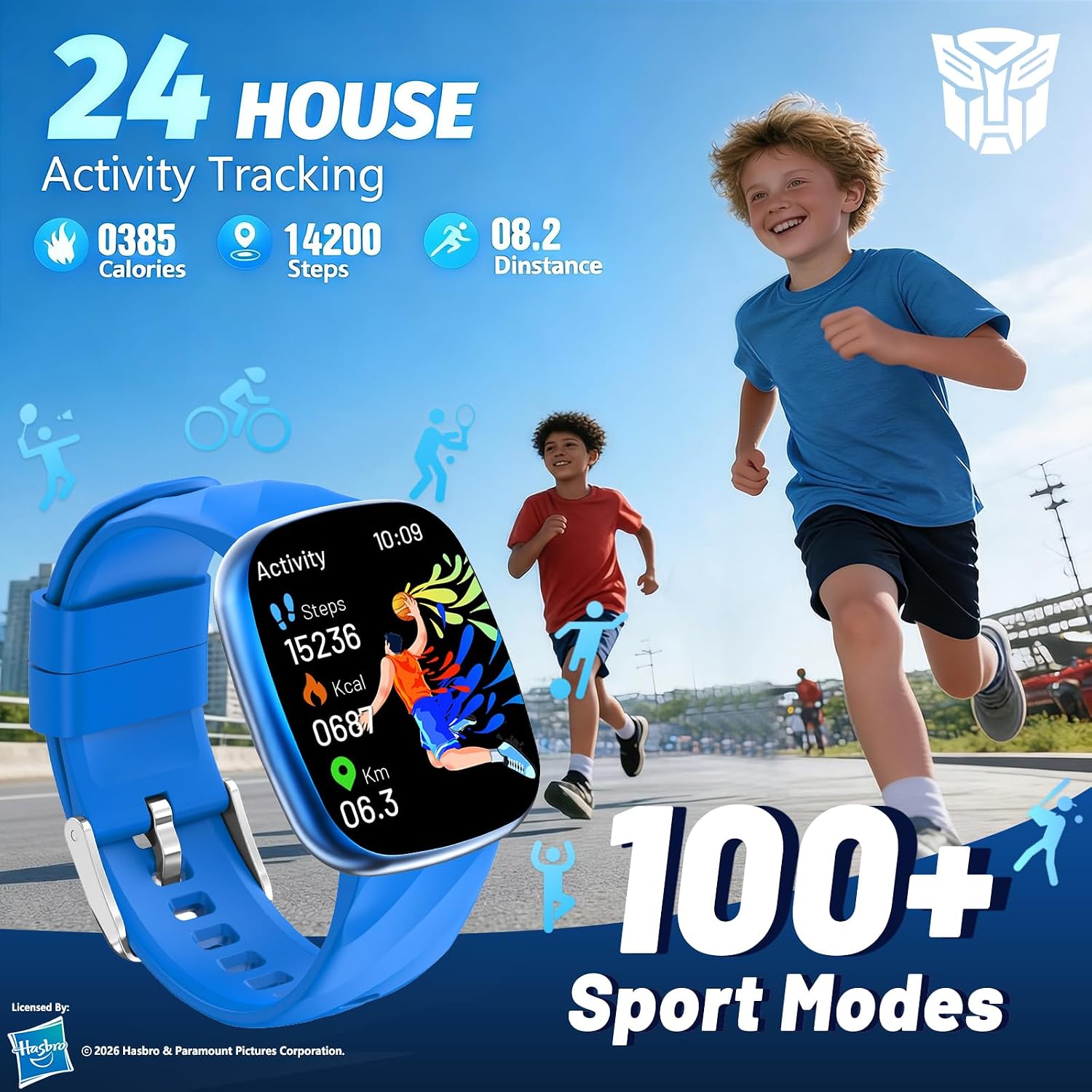 Transformers Kids Smart Watch for Boys & Girls,1.78" HD Touchscreen Fitness Tracker with Heart Rate & Sleep Monitor,IP68 Sports Activity Watch with Pedometer, Birthday Gift for 5-16 Year Olds,Blue