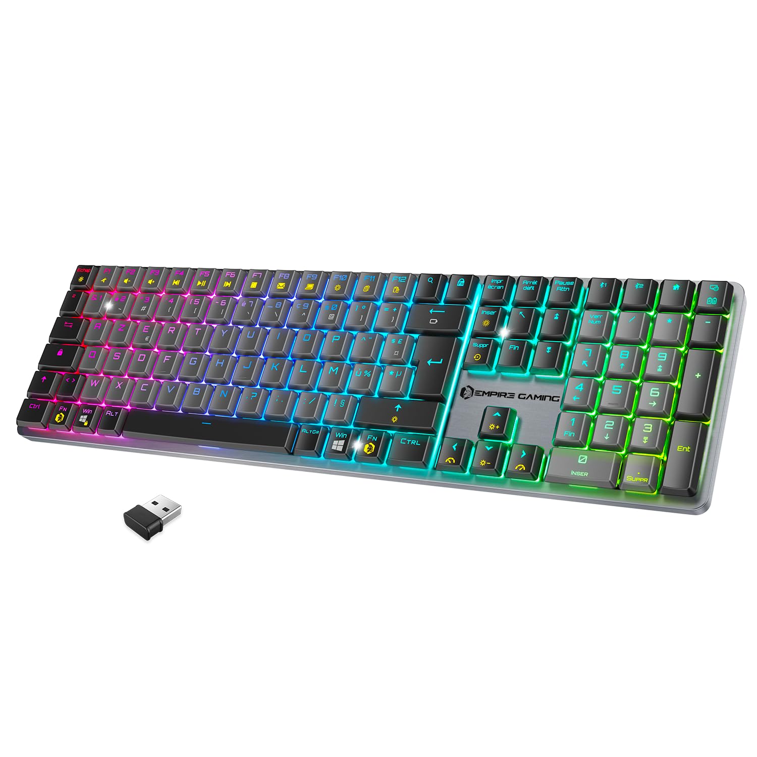 EMPIRE GAMING RF243 – Clavier Gaming Mécanique sans Fil Slim Low Profile en Aluminium,Rechargeable FR (AZERTY), Triple Mode (2,4GHz/BT/USB-C), 111 Touches MX Red, RGB, NKRO, Compatible PC/Mac/P5/P4/XB