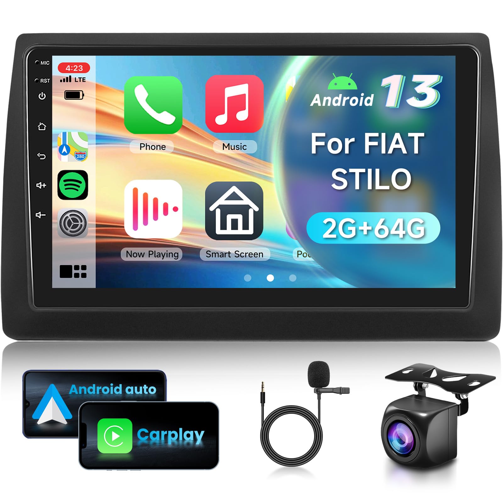 2G&64G 9" Autoradio per FIAT STILO 2002-2010 con Carplay Android Auto,touchscreen Bluetooth RDS/FM Radio,Mirror link,Wi-Fi GPS Navigazione/Telecamera posteriore AHD/CANBUS